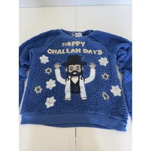 Happy Challah Days Hanukkah Sweatshirt Sherpa Blue Sequin Small Cozy Holiday - S